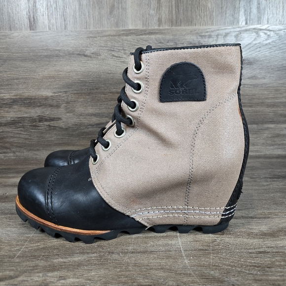 Sorel 1964 PDX Waterproof Hidden Heel Wedge Tan Black Boots Ankle Leather Sz 8.5 - Picture 3 of 12